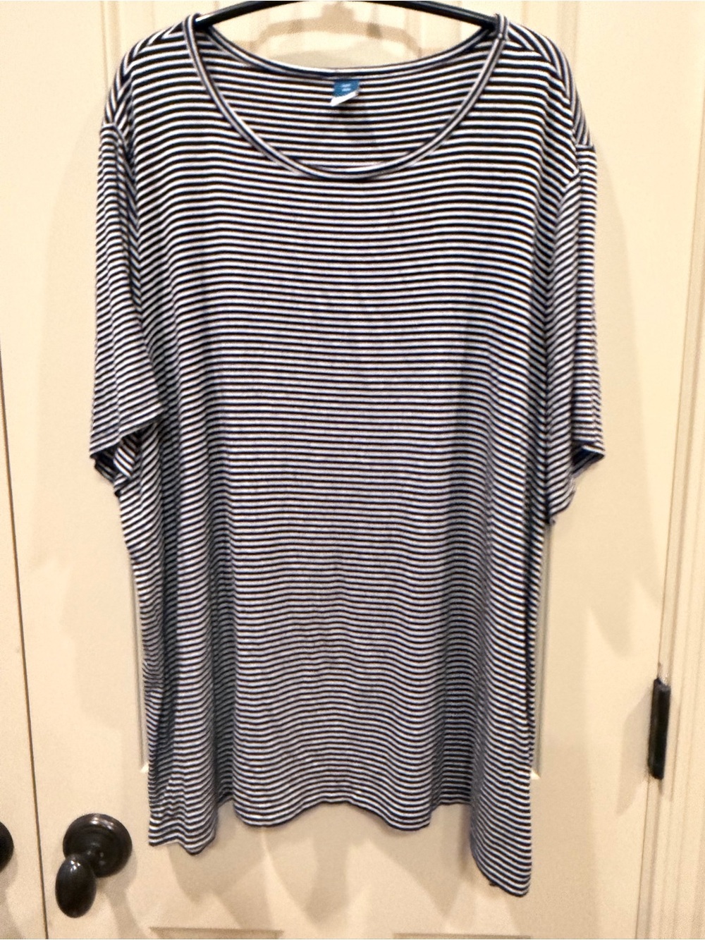 Ladies Black and White Striped Crew Neck Shirt